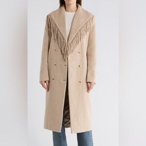 WAYF Greyson wool-blend fringe double-breasted coat in camel